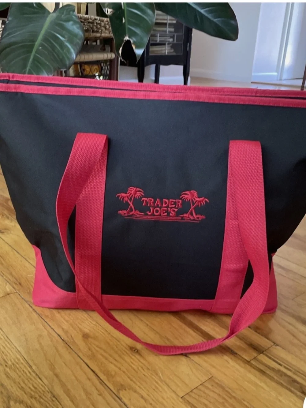 💥 NWT TRADER JOE’S Oversized Large INSULATED RED Embroidered Double handled Bag